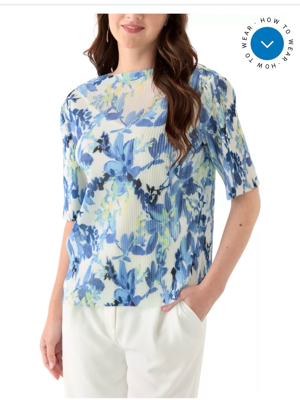 NWT Calvin Klein Blue Floral Pleated Short Sleeve Blouse